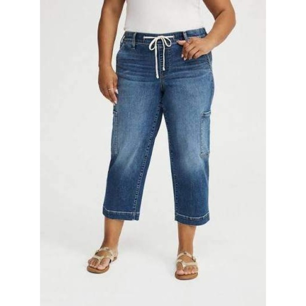 Torrid Cargo Crop Jeans Elastic Drawstring Waist Women's 2 2X 18-20 Blue Denim